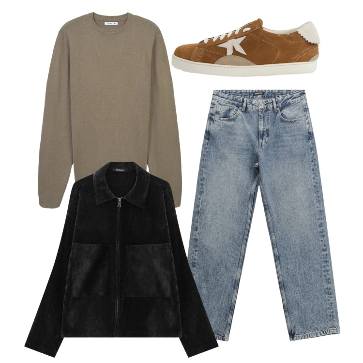 Outfit uomo - Total look. Stile Casual per Tutti i giorni. Abbinamento con jeans dritti, cappotti, sneakers, maglieria.