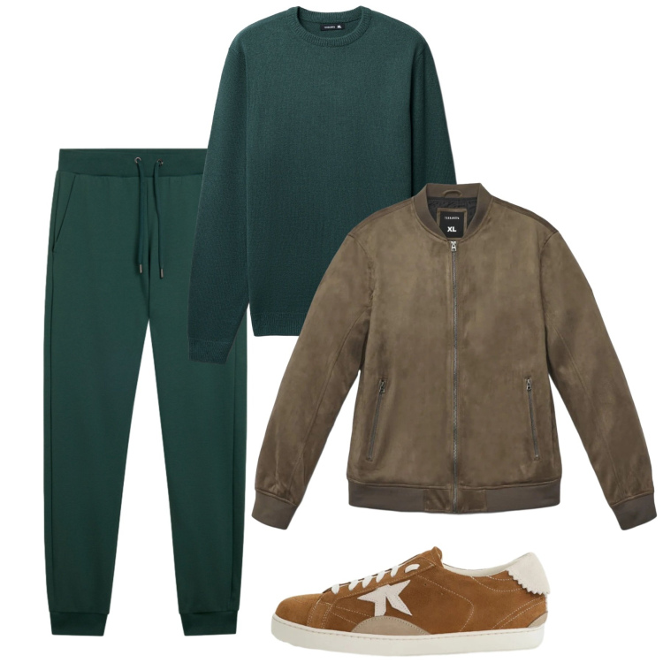 Outfit uomo - Weekend green. Stile Casual per Tutti i giorni. Abbinamento con sneakers, giacche, maglieria, pantaloni.