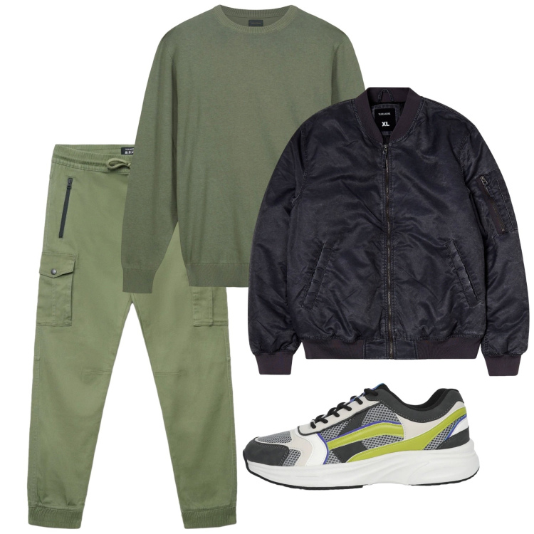 Outfit uomo - Febbraio sporty. Stile Urban per Tutti i giorni. Abbinamento con bomber, sneakers, pantaloni cargo, maglieria.