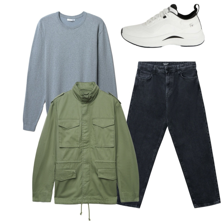 Outfit uomo - Total look. Stile Casual per Tutti i giorni. Abbinamento con jeans, cappotti, maglieria, sneakers.
