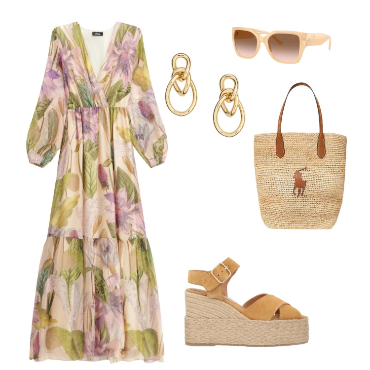 Outfit donna - Eternal Spring. Stile Glamour per Tutti i giorni. Abbinamento con espadrillas, vestiti lunghi, borse tote, occhiali da sole, orecchini.