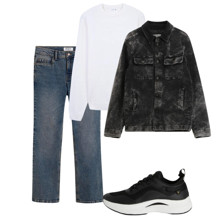 Outfit uomo - Total look. Stile Casual per Tutti i giorni. Abbinamento con jeans bootcut, maglieria, cappotti, sneakers.
