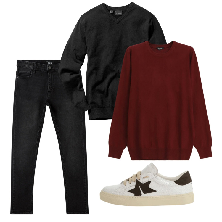 Outfit uomo - Febbraio. Stile Casual per Tutti i giorni. Abbinamento con maglieria, jeans skinny, sneakers, maglieria.