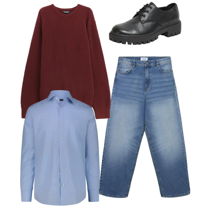 Outfit uomo - Total look. Stile Casual per Tutti i giorni. Abbinamento con maglieria, scarpe stringate, jeans, camicie.