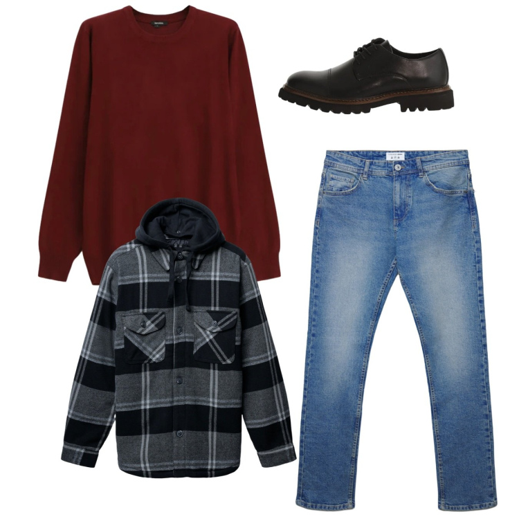 Outfit uomo - Total look. Stile Casual per Tutti i giorni. Abbinamento con scarpe stringate, maglieria, jeans dritti, giacche.