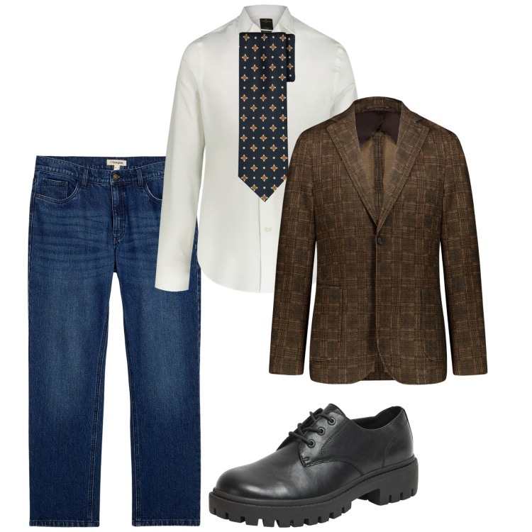 Outfit uomo - Lunedì. Stile Business/Elegante per Ufficio. Abbinamento con jeans dritti, scarpe stringate, camicie, giacche, cravatte.