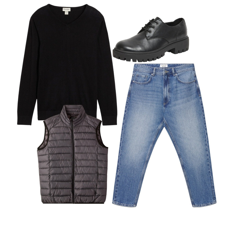 Outfit uomo - Total look. Stile Casual per Tutti i giorni. Abbinamento con maglieria, scarpe stringate, piumini, jeans.