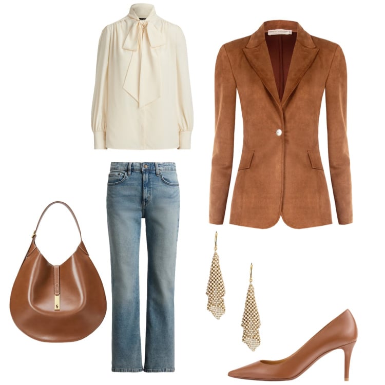 Outfit donna - Denim Chic. Stile Casual chic per Ufficio. Abbinamento con blazer, jeans dritti, borse a spalla, camicie, orecchini, décolleté.