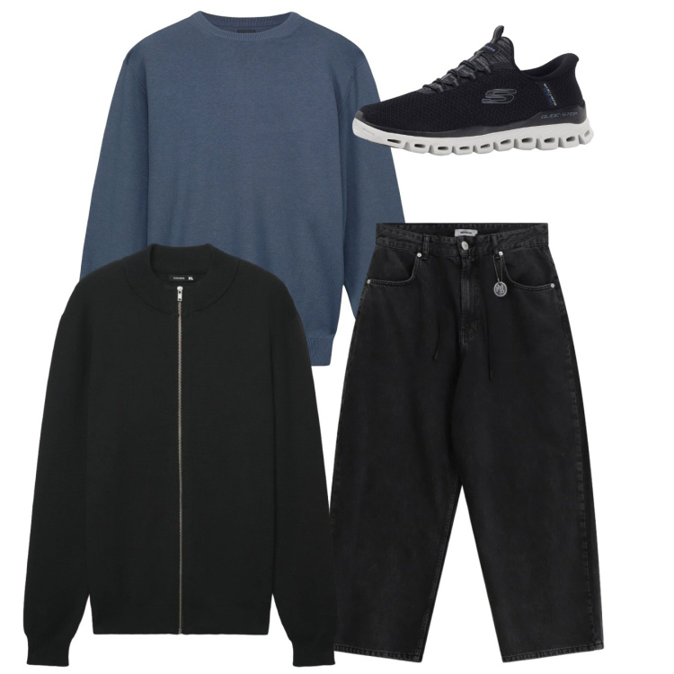 Outfit uomo - Total look. Stile Casual per Tutti i giorni. Abbinamento con sneakers, pantaloni, cardigans, maglieria.