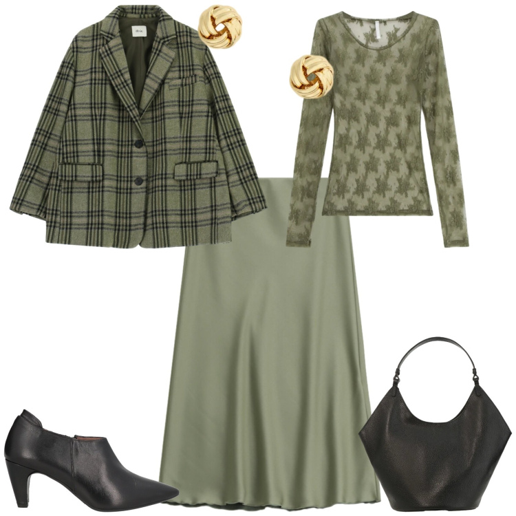 Outfit donna - Casual chic ufficio tempo libero. Stile Casual chic per Tutti i giorni. Abbinamento con stivaletti, bluse, gonne lunghe, blazer, borse a spalla, orecchini.