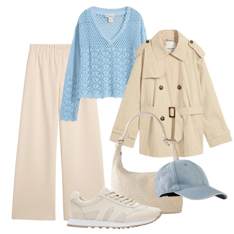 Outfit donna - Waiting Spring Bonprix. Stile Trendy per Tutti i giorni. Abbinamento con maglieria, pantaloni, trench, cappelli con visiera, sneakers, shopping bag.