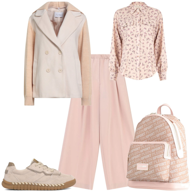 Outfit donna - Trendy ufficio tempo libero. Stile Trendy per Tutti i giorni. Abbinamento con zaini, caban, pantaloni a palazzo, camicie, sneakers.