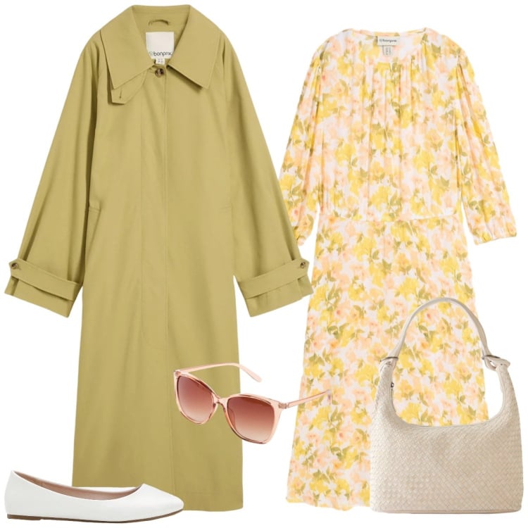 Outfit donna - Total look #2340877. Stile Romantica per Tutti i giorni. Abbinamento con trench, vestiti, ballerine, occhiali da sole, shopping bag.