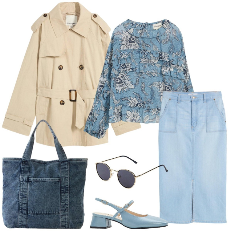Outfit donna - Total look #2340879. Stile Casual chic per Tutti i giorni. Abbinamento con décolleté, trench, shopping bag, gonne, occhiali da sole, bluse.
