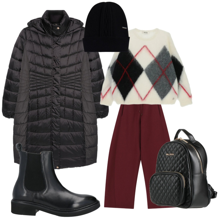 Outfit donna - Caldo abbraccio. Stile Casual per Tutti i giorni. Abbinamento con zaini, stivaletti chelsea, pantaloni a palazzo, piumini, maglieria, berretti.
