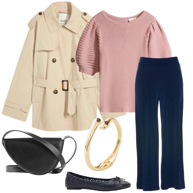 Outfit donna - Total look #2340881. Stile Casual chic per Tutti i giorni. Abbinamento con pantaloni culotte, maglieria, trench, ballerine, borse a tracolla, braccialetti.