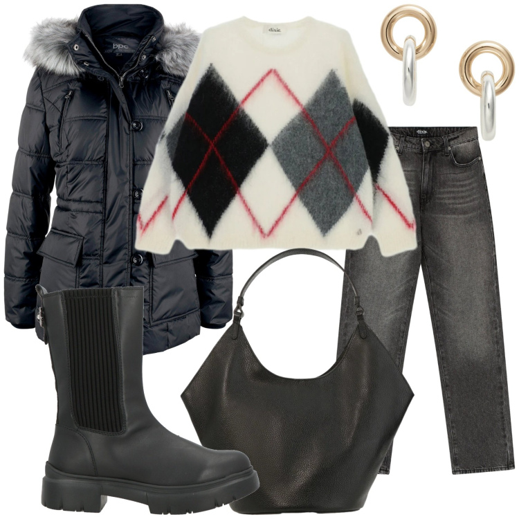 Outfit donna - Febbraio. Stile Casual per Tutti i giorni. Abbinamento con stivaletti chelsea, giacche, maglieria, jeans dritti, borse a spalla, orecchini.
