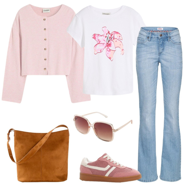 Outfit donna - Total look #2340883. Stile Casual per Tutti i giorni. Abbinamento con cardigans, jeans bootcut, t-shirt, sneakers, borse a mano, occhiali da sole.