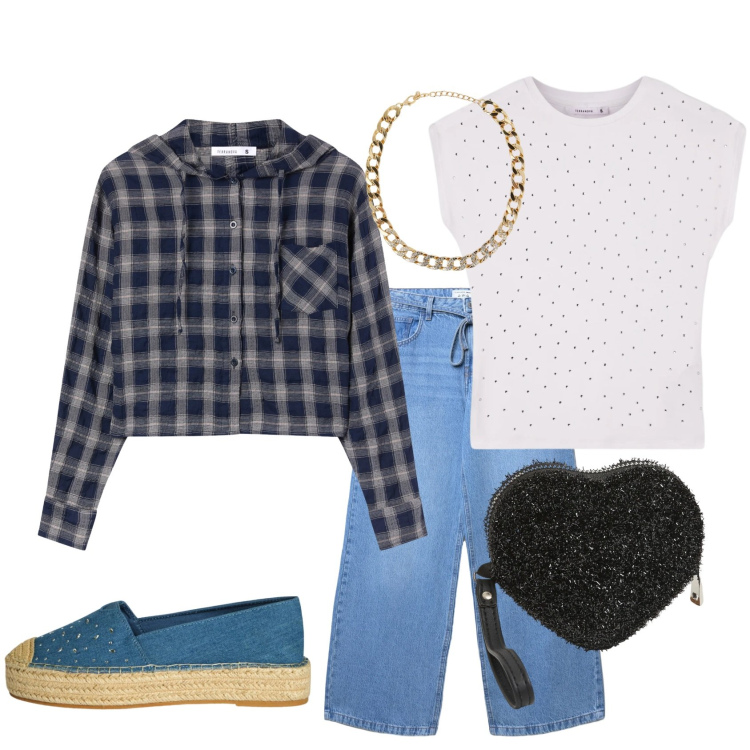 Outfit donna - Benvenuta primavera. Stile Urban per Tutti i giorni. Abbinamento con t-shirt, jeans, portafogli, collane, espadrillas, camicie.