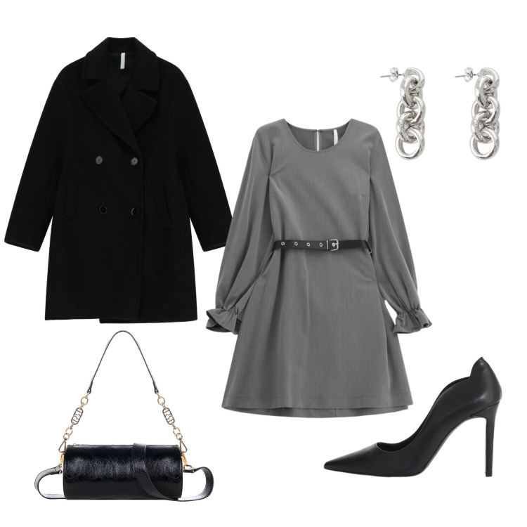 Outfit donna - Business casual. per Ufficio. Abbinamento con vestiti corti, cappotti, décolleté, orecchini, borse a mano.