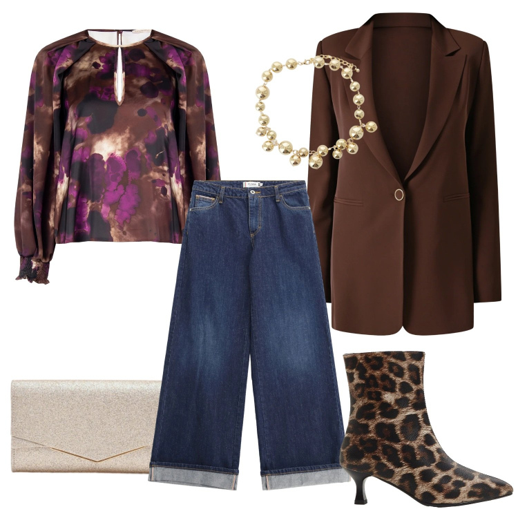 Outfit donna - Smart working glam. Stile Casual chic per Ufficio. Abbinamento con stivaletti, collane, jeans, clutch, bluse, blazer.