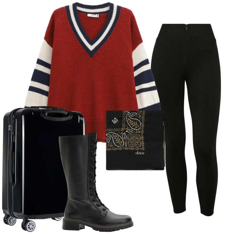 Outfit donna - Total look #2340892. Stile Boho per Tutti i giorni. Abbinamento con stivali, pantaloni skinny, valigie, maglieria, foulard.