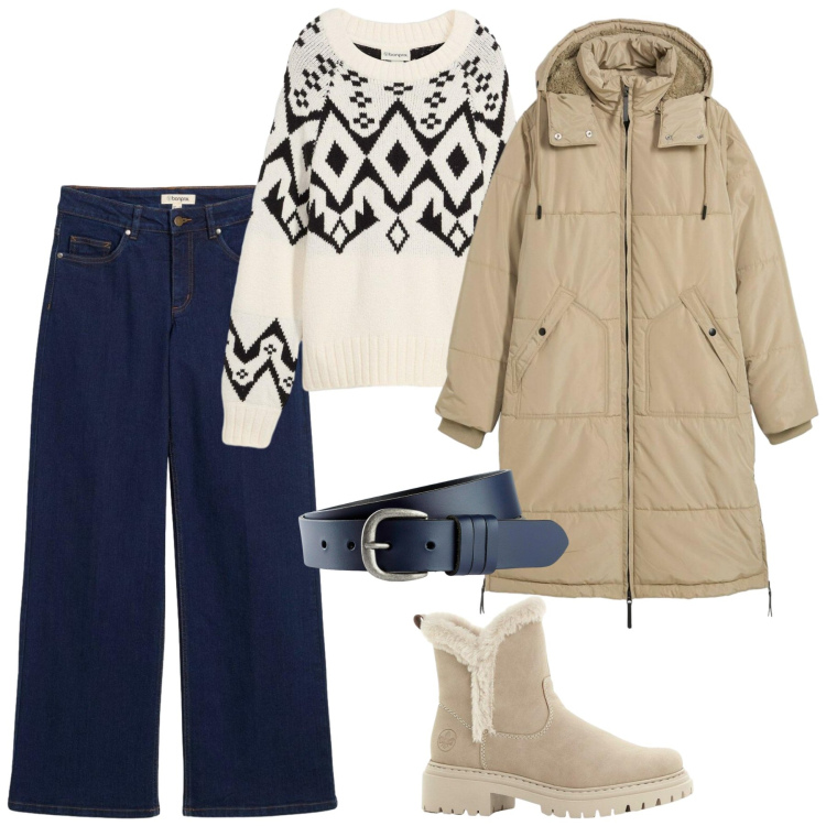 Outfit donna - Bonprix - aspettando la primavera. Stile Casual chic per Tutti i giorni. Abbinamento con stivaletti, jeans dritti, piumini, cinture, maglieria.