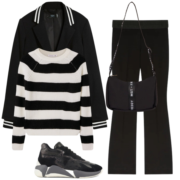 Outfit donna - Total look #2340895. Stile Sporty chic per Tutti i giorni. Abbinamento con blazer, maglieria, pantaloni, borse a tracolla, sneakers alte.