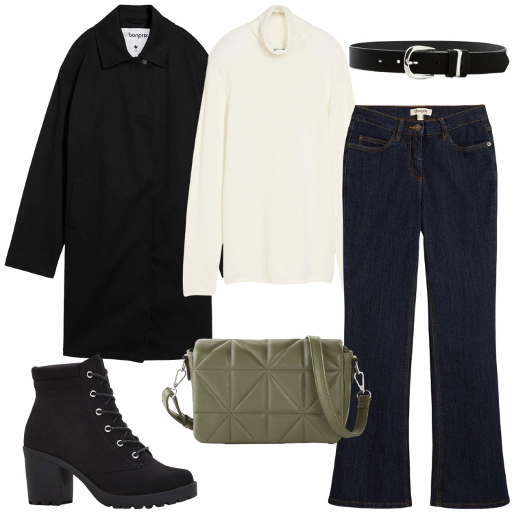 Outfit donna - Bonprix - aspettando la primavera. Stile Urban per Tutti i giorni. Abbinamento con jeans bootcut, maglieria, trench, stivaletti, borse a tracolla, cinture.