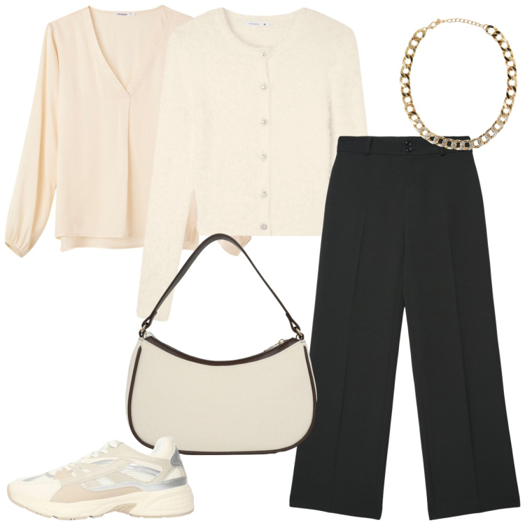 Outfit donna - Terranova - Spring start here. Stile Casual chic per Ufficio. Abbinamento con bluse, sneakers, borse a tracolla, pantaloni, collane, cardigans.