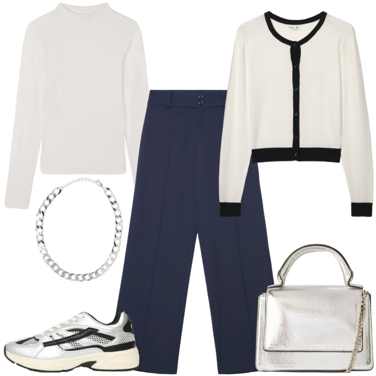 Outfit donna - Terranova - Spring start here. Stile Casual chic per Ufficio. Abbinamento con pantaloni, cardigans, t-shirt, borse a tracolla, collane, sneakers.