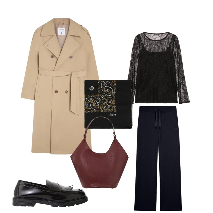 Outfit donna - Inverno chic. Stile Basic per Tutti i giorni. Abbinamento con trench, bluse, borse a spalla, foulard, mocassini, pantaloni.