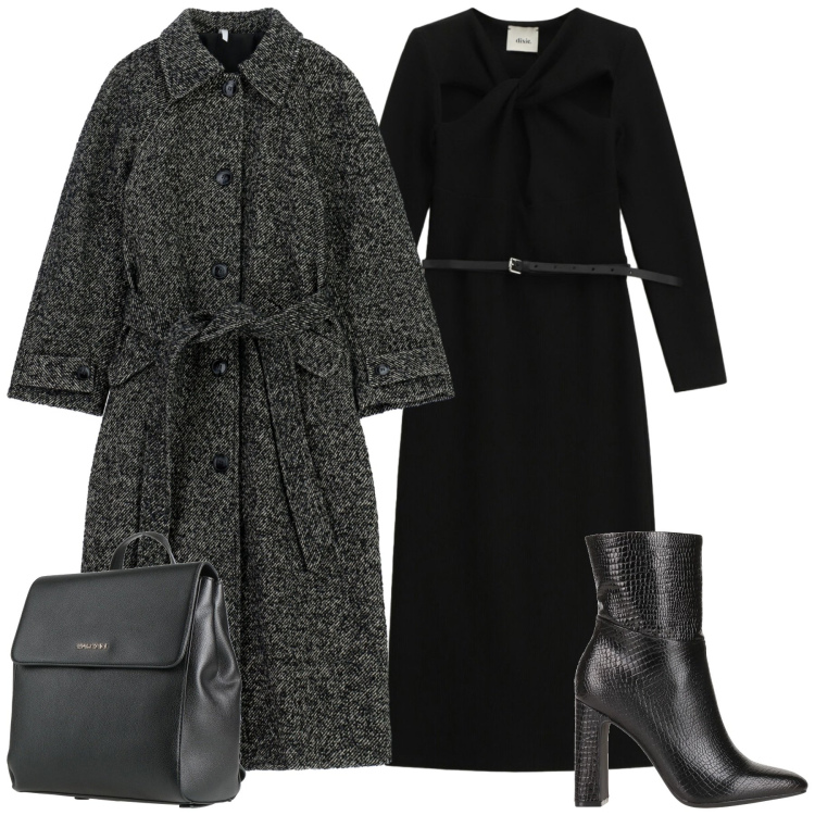 Outfit donna - Cut-out Confidence. Stile Chic per Ufficio. Abbinamento con stivaletti, zaini, cappotti, vestiti asimmetrici.