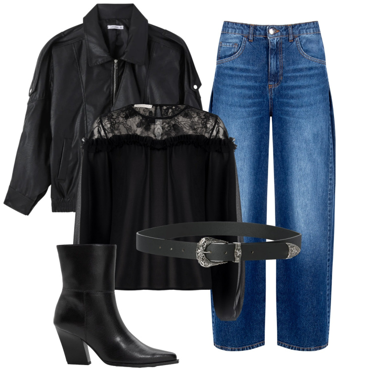 Outfit donna - Total look #2340903. Stile Rock per Serata fuori. Abbinamento con stivaletti, cinture, giacche, jeans, bluse.