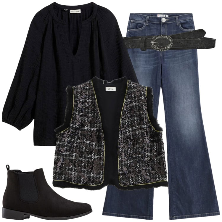 Outfit donna - Total look #2340904. Stile Boho per Serata fuori. Abbinamento con bluse, stivaletti chelsea, cinture, gilet, jeans a zampa.