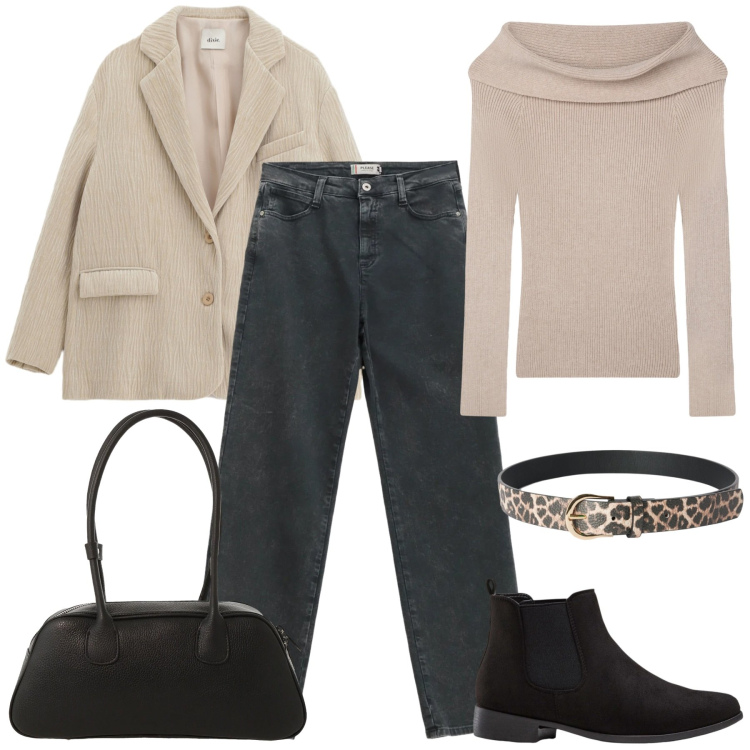 Outfit donna - Jeans in ufficio. Stile Mannish per Ufficio. Abbinamento con stivaletti chelsea, cinture, maglieria, blazer, borse a mano, jeans dritti.