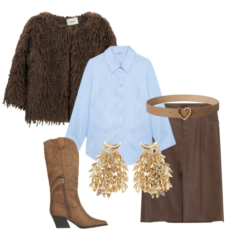 Outfit donna - Una sera fuori. Stile Urban per Serata fuori. Abbinamento con cinture, stivali, camicie, blazer, orecchini, gonne.