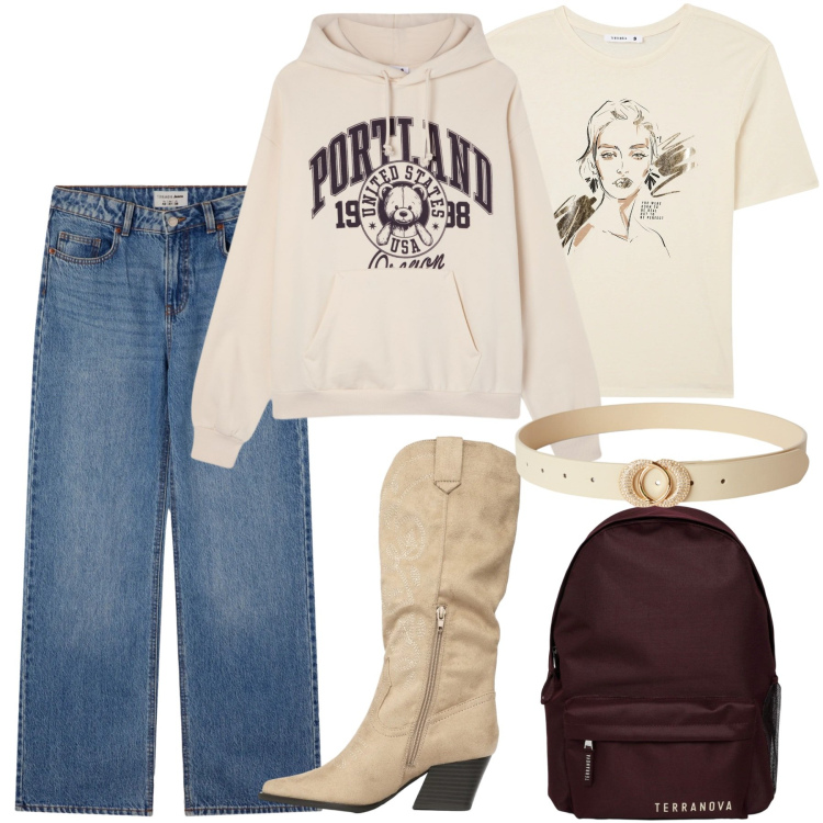 Outfit donna - Terranova - Spring start here. Stile Sporty chic per Tutti i giorni. Abbinamento con t-shirt, zaini, cinture, felpe con cappuccio, jeans, stivali.