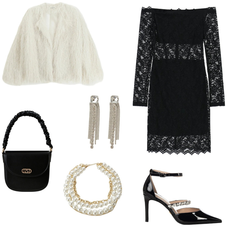 Outfit donna - Pizzo e Perle. Stile Chic per Serata fuori. Abbinamento con vestiti corti, collane, orecchini, blazer, borse a mano, décolleté.