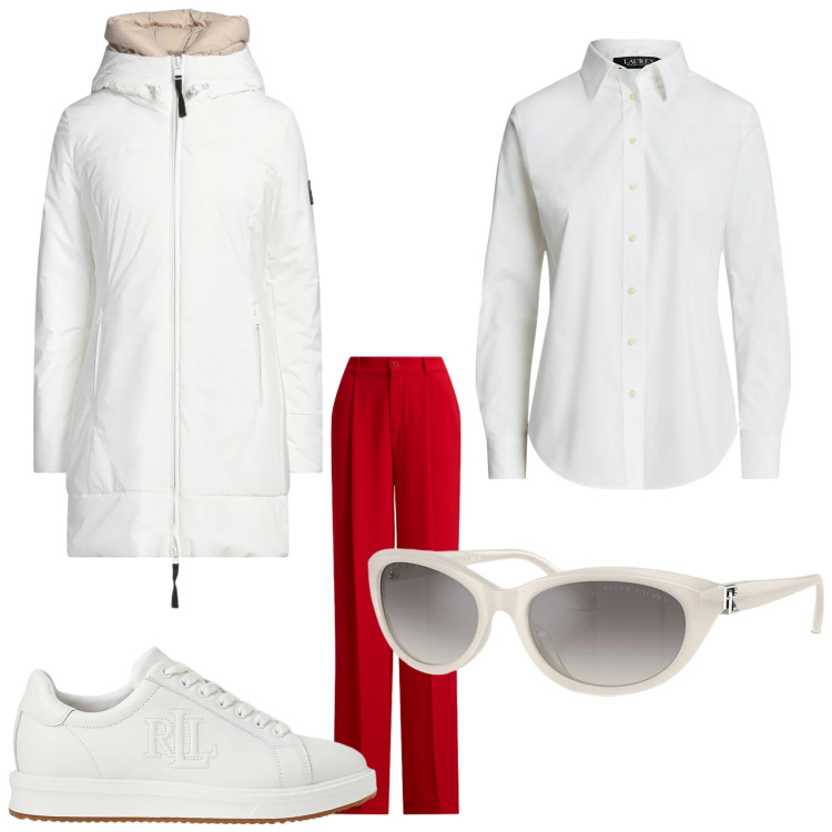 Outfit donna - Sporty romantica. Stile Sporty chic per Tutti i giorni. Abbinamento con parka, sneakers, camicie, occhiali da sole, pantaloni.