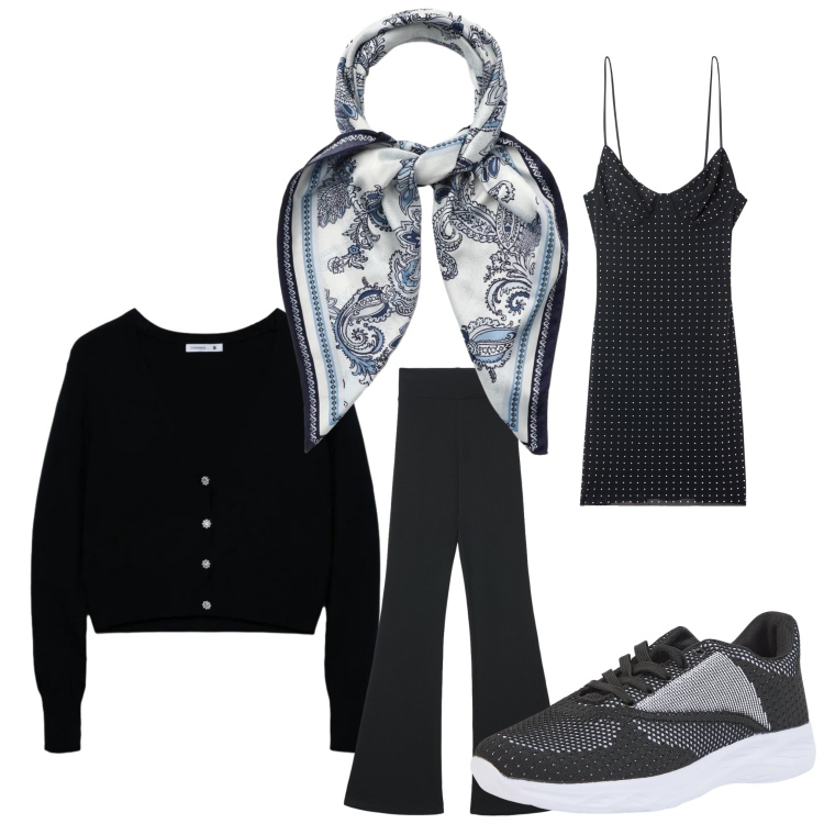 Outfit donna - Black spring. Stile Casual per Tutti i giorni. Abbinamento con vestiti corti, sneakers, foulard, cardigans, leggings.