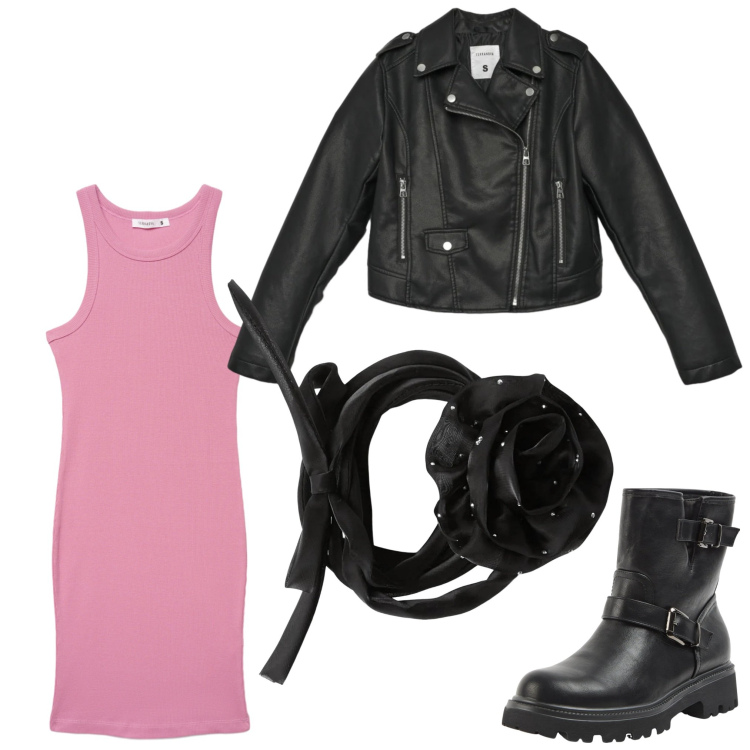 Outfit donna - Rosa rock. Stile Rock per Serata fuori. Abbinamento con giacche, collane, vestiti midi/longuette, stivaletti.