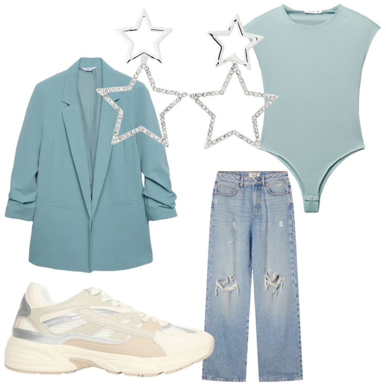 Outfit donna - Leggero. Stile Casual per Tutti i giorni. Abbinamento con top, sneakers, blazer, orecchini, jeans strappati.