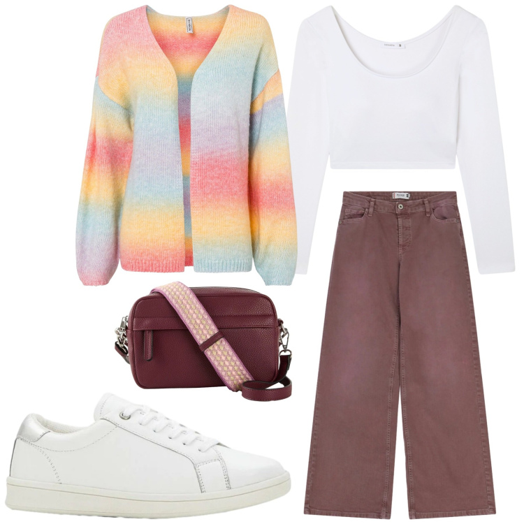 Outfit donna - Dolce Armonia Pastello. Stile Casual chic per Tutti i giorni. Abbinamento con cardigans, borse a tracolla, sneakers, t-shirt, collane, pantaloni a palazzo.