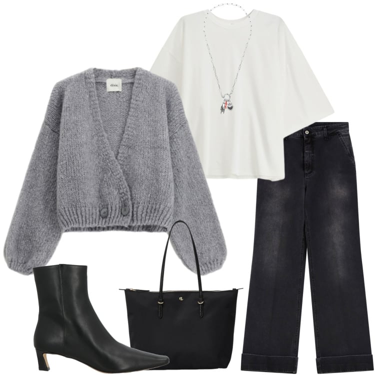 Outfit donna - Jeans in ufficio. Stile Casual chic per Ufficio. Abbinamento con stivaletti, t-shirt, jeans, cardigans, ciondoli, borse tote.