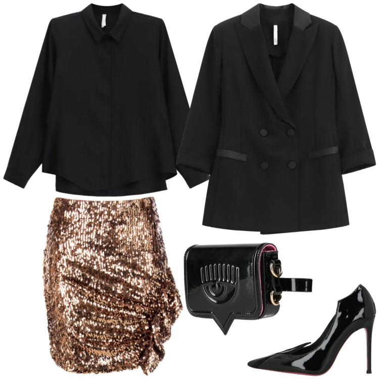 Outfit donna - Serata luminosa. Stile Glamour per Serata fuori. Abbinamento con décolleté, marsupi, camicie, blazer, minigonne.