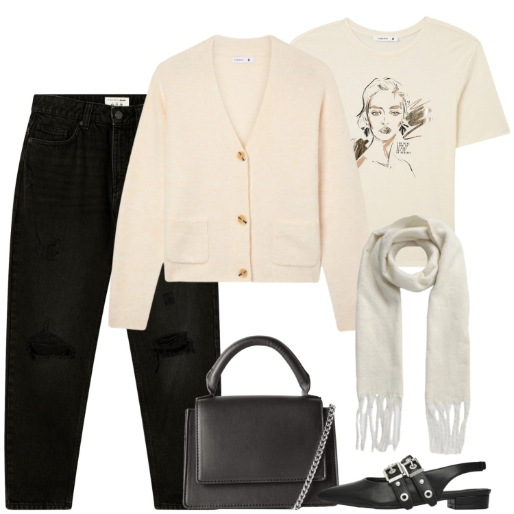 Outfit donna - Un dipinto. Stile Casual per Scuola/Università. Abbinamento con t-shirt, cardigans, ballerine, borse a tracolla, sciarpe, jeans mom.