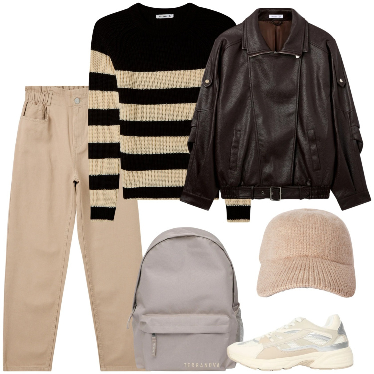 Outfit donna - Fintamente dura. Stile Mannish per Scuola/Università. Abbinamento con pantaloni, cappelli con visiera, sneakers, maglieria, zaini, giacche.