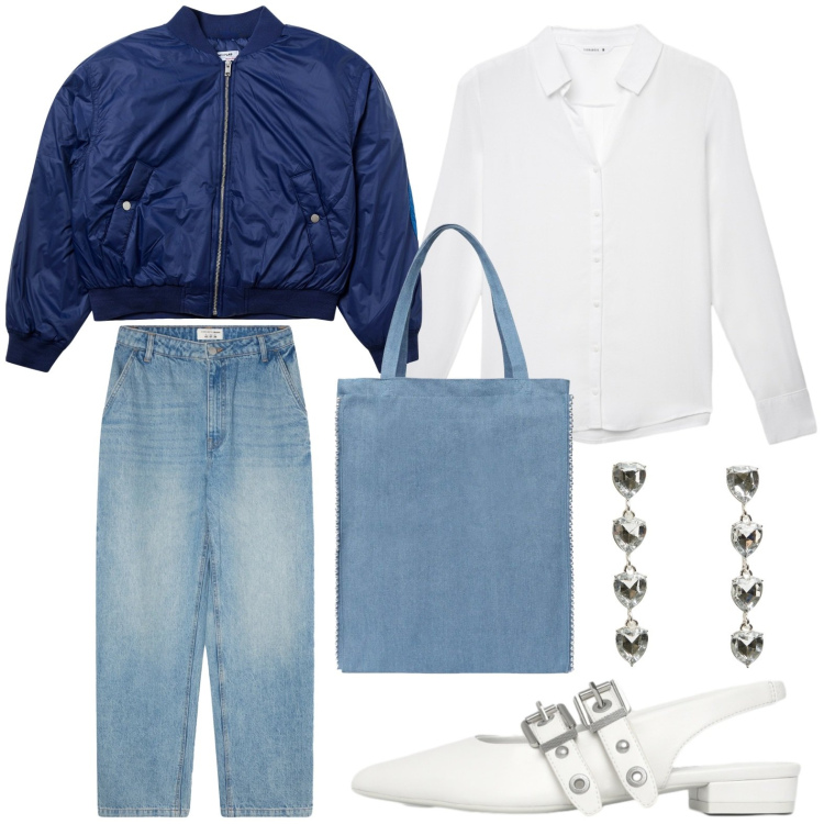 Outfit donna - Terranova - Spring Starts Here. Stile Minimal per Tutti i giorni. Abbinamento con borse tote, camicie, ballerine, bomber, orecchini, jeans.