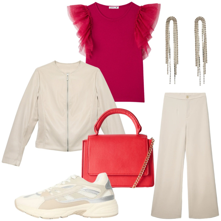 Outfit donna - Terranova - Spring Starts Here. Stile Glamour per Tutti i giorni. Abbinamento con t-shirt, pantaloni, giacche, orecchini, sneakers, borse a tracolla.